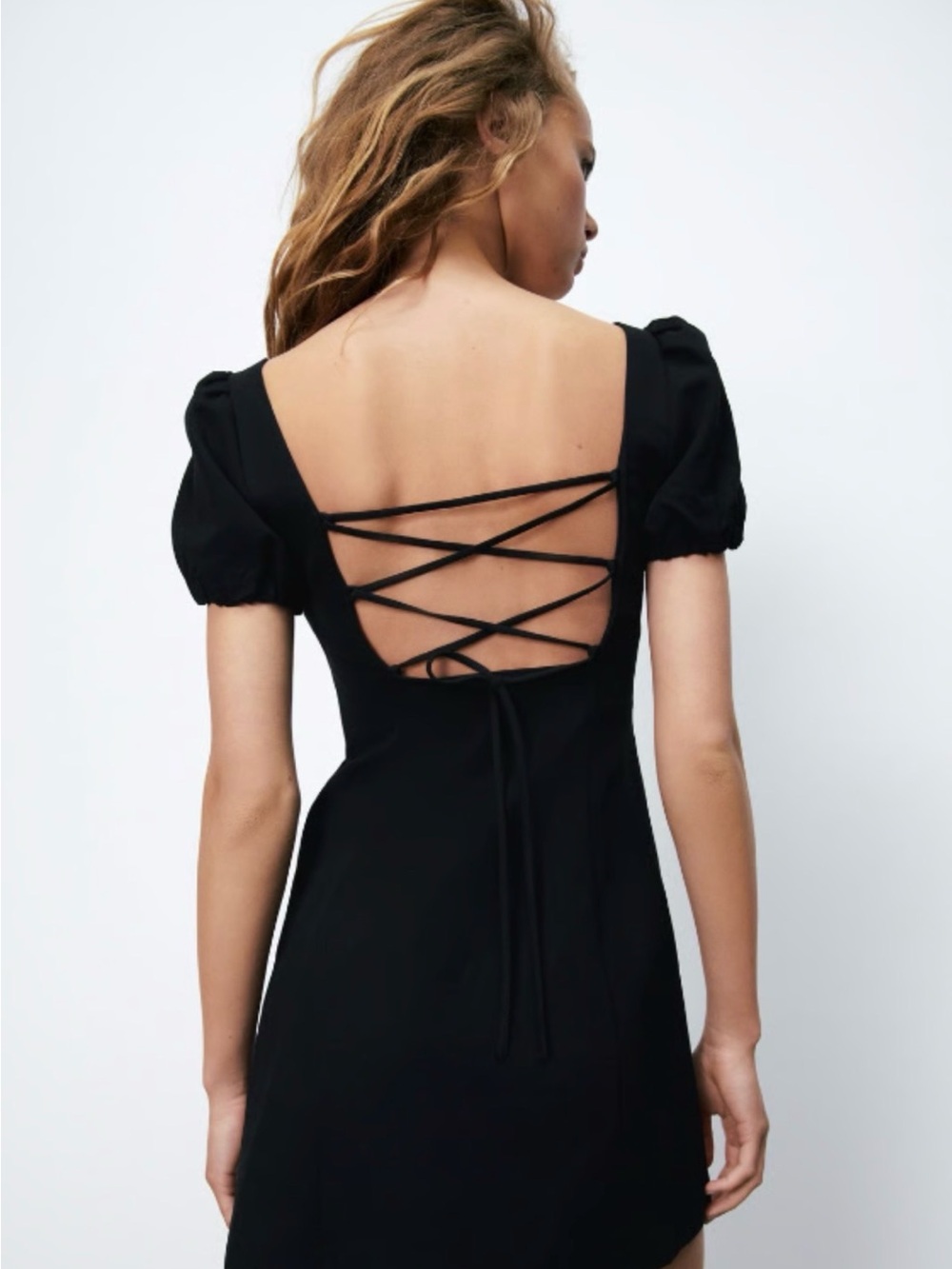 Zara Black Linen Blend Puff-Sleeve Mini Dress Black
